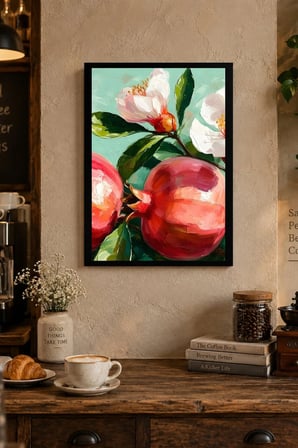 Kırmızı Meyveler ve Beyaz Çiçekler Desenli Dekoratif MDF Tablo, Çerçeve Görünümlü Ahşap Poster