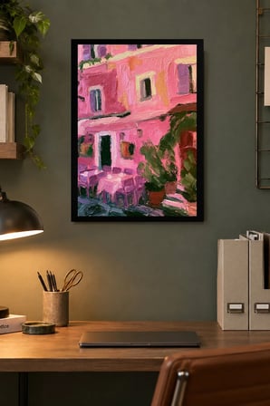 Pembe Bina ve Avlu Manzarası Desenli Dekoratif MDF Tablo, Çerçeve Görünümlü Ahşap Poster
