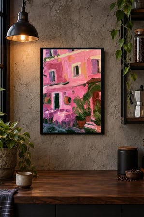 Pembe Bina ve Avlu Manzarası Desenli Dekoratif MDF Tablo, Çerçeve Görünümlü Ahşap Poster