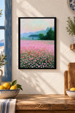 Pembe Çiçek Tarlası Desenli Dekoratif MDF Tablo, Çerçeve Görünümlü Ahşap Poster