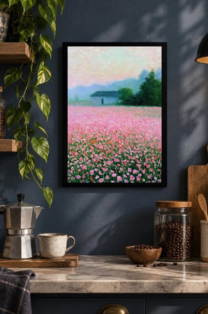 Pembe Çiçek Tarlası Desenli Dekoratif MDF Tablo, Çerçeve Görünümlü Ahşap Poster