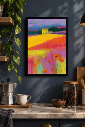Renkli Çiçekli Soyut Tarla Desenli Dekoratif MDF Tablo, Çerçeve Görünümlü Ahşap Poster