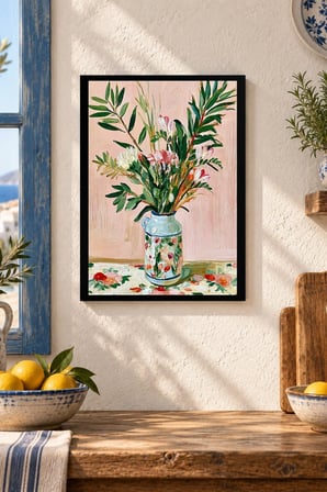 Pembe Zeminde Çiçekli Vazo Desenli Dekoratif MDF Tablo, Çerçeve Görünümlü Ahşap Poster