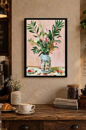 Pembe Zeminde Çiçekli Vazo Desenli Dekoratif MDF Tablo, Çerçeve Görünümlü Ahşap Poster