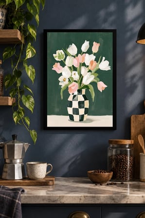 Pembe ve Beyaz Çiçekli Kareli Vazo Desenli Dekoratif MDF Tablo, Çerçeve Görünümlü Ahşap Poster