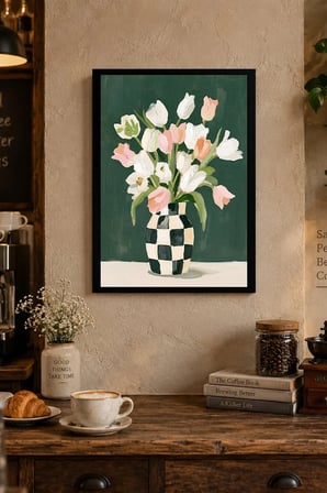 Pembe ve Beyaz Çiçekli Kareli Vazo Desenli Dekoratif MDF Tablo, Çerçeve Görünümlü Ahşap Poster