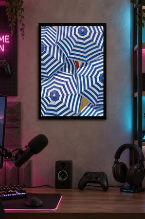 Mavi Beyaz Şeritli Geometrik Desenli Dekoratif MDF Tablo, Çerçeve Görünümlü Ahşap Poster