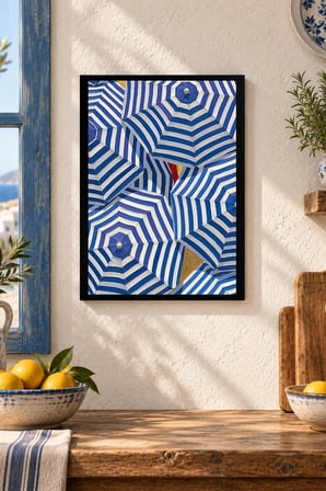 Mavi Beyaz Şeritli Geometrik Desenli Dekoratif MDF Tablo, Çerçeve Görünümlü Ahşap Poster
