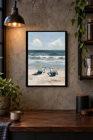 Kumsalda İki Sandalye Desenli Dekoratif MDF Tablo, Çerçeve Görünümlü Ahşap Poster