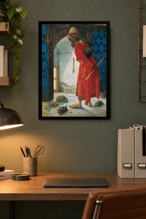 Kırmızı Giysili Figür ve Küçük Hayvanlar Desenli Dekoratif MDF Tablo, Çerçeve Görünümlü Ahşap Poster