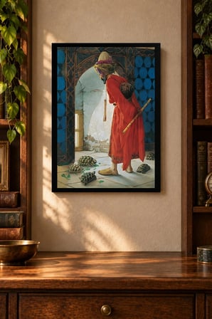 Kırmızı Giysili Figür ve Küçük Hayvanlar Desenli Dekoratif MDF Tablo, Çerçeve Görünümlü Ahşap Poster