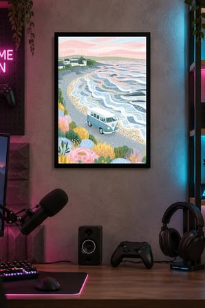 Pastel Kıyı Yolu ve Van Desenli Dekoratif MDF Tablo, Çerçeve Görünümlü Ahşap Poster