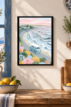 Pastel Kıyı Yolu ve Van Desenli Dekoratif MDF Tablo, Çerçeve Görünümlü Ahşap Poster