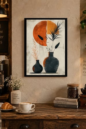 Turuncu Güneşli İki Vazo Desenli Dekoratif MDF Tablo, Çerçeve Görünümlü Ahşap Poster