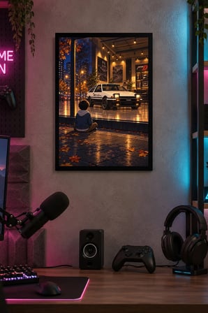 Beyaz Otomobil ve Çocuk Desenli Dekoratif MDF Tablo, Çerçeve Görünümlü Ahşap Poster