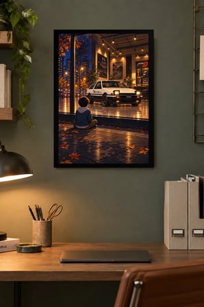 Beyaz Otomobil ve Çocuk Desenli Dekoratif MDF Tablo, Çerçeve Görünümlü Ahşap Poster