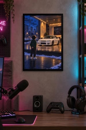 Beyaz Otomobil ve Çocuk Desenli Dekoratif MDF Tablo, Çerçeve Görünümlü Ahşap Poster