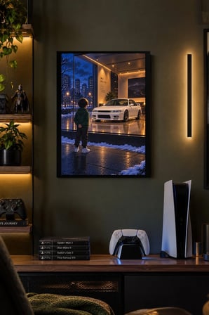 Beyaz Otomobil ve Çocuk Desenli Dekoratif MDF Tablo, Çerçeve Görünümlü Ahşap Poster