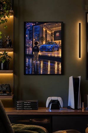Mavi Spor Otomobil ve Çocuk Desenli Dekoratif MDF Tablo, Çerçeve Görünümlü Ahşap Poster
