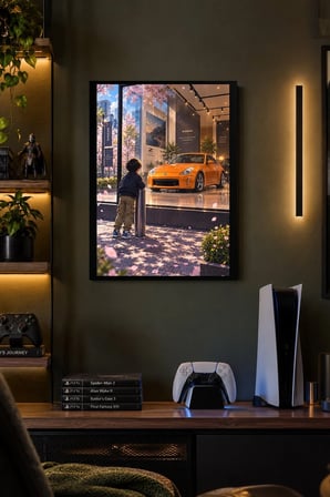 Turuncu Otomobil ve Çocuk Desenli Dekoratif MDF Tablo, Çerçeve Görünümlü Ahşap Poster