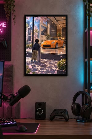 Turuncu Otomobil ve Çocuk Desenli Dekoratif MDF Tablo, Çerçeve Görünümlü Ahşap Poster