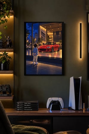 Kırmızı Otomobil ve Çocuk Desenli Dekoratif MDF Tablo, Çerçeve Görünümlü Ahşap Poster