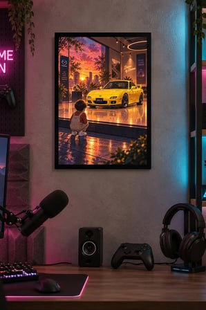 Sarı Otomobil ve Çocuk Desenli Dekoratif MDF Tablo, Çerçeve Görünümlü Ahşap Poster