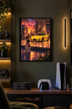 Sarı Otomobil ve Çocuk Desenli Dekoratif MDF Tablo, Çerçeve Görünümlü Ahşap Poster