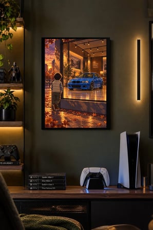 Mavi Otomobil ve Çocuk Desenli Dekoratif MDF Tablo, Çerçeve Görünümlü Ahşap Poster