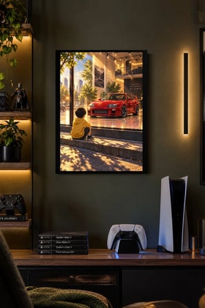 Kırmızı Otomobil ve Çocuk Desenli Dekoratif MDF Tablo, Çerçeve Görünümlü Ahşap Poster