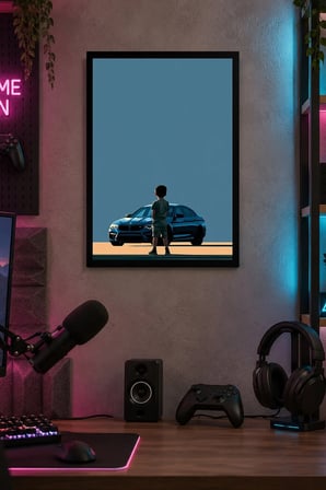 Mavi Otomobil ve Minimal Figür Desenli Dekoratif MDF Tablo, Çerçeve Görünümlü Ahşap Poster