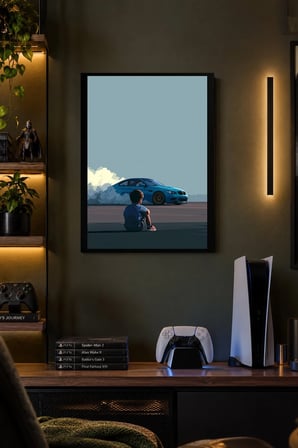 Turkuaz Otomobil ve Su Kenarı Desenli Dekoratif MDF Tablo, Çerçeve Görünümlü Ahşap Poster