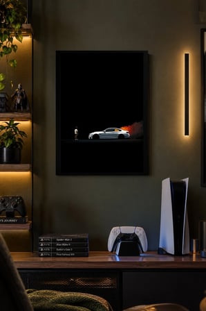 Gümüş Otomobil ve Turuncu Ufuk Desenli Dekoratif MDF Tablo, Çerçeve Görünümlü Ahşap Poster