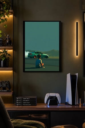 Yeşil Otomobil ve Çocuk Desenli Dekoratif MDF Tablo, Çerçeve Görünümlü Ahşap Poster