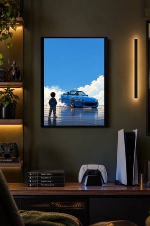 Mavi Otomobil ve Bulutlu Gökyüzü Desenli Dekoratif MDF Tablo, Çerçeve Görünümlü Ahşap Poster