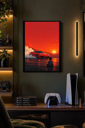 Kırmızı Otomobil ve Kızıl Gün Batımı Desenli Dekoratif MDF Tablo, Çerçeve Görünümlü Ahşap Poster
