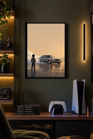 Gümüş Otomobil ve Açık Ufuk Desenli Dekoratif MDF Tablo, Çerçeve Görünümlü Ahşap Poster