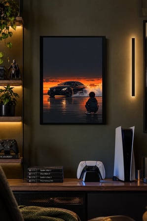 Siyah Otomobil ve Turuncu Ufuk Desenli Dekoratif MDF Tablo, Çerçeve Görünümlü Ahşap Poster