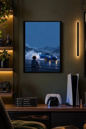 Mavi Otomobil ve Dağ Ufku Desenli Dekoratif MDF Tablo, Çerçeve Görünümlü Ahşap Poster