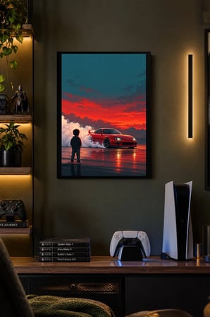 Kırmızı Otomobil ve Kızıl Ufuk Desenli Dekoratif MDF Tablo, Çerçeve Görünümlü Ahşap Poster