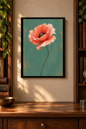Mercan Rengi Çiçek ve Uzun Dal Desenli Dekoratif MDF Tablo, Çerçeve Görünümlü Ahşap Poster