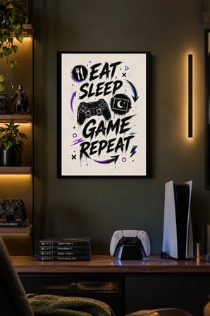 Oyun Tekrarı Yazılı Teması Desenli Dekoratif MDF Tablo, Çerçeve Görünümlü Ahşap Poster