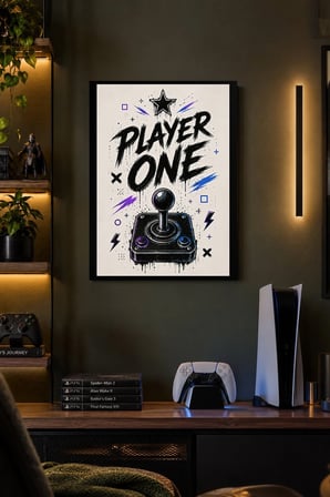Oyun Kumandalı Oyuncu Teması Desenli Dekoratif MDF Tablo, Çerçeve Görünümlü Ahşap Poster