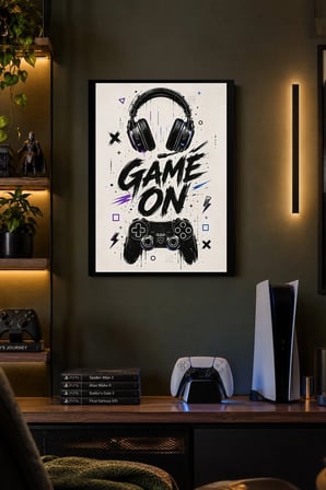 Kulaklık ve Oyun Kumandalı Tema Desenli Dekoratif MDF Tablo, Çerçeve Görünümlü Ahşap Poster