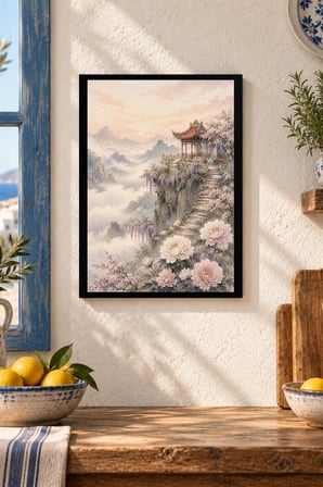 Çiçekli Uzak Doğu Bahçesi Desenli Dekoratif MDF Tablo, Çerçeve Görünümlü Ahşap Poster