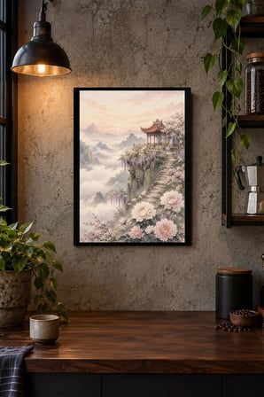 Çiçekli Uzak Doğu Bahçesi Desenli Dekoratif MDF Tablo, Çerçeve Görünümlü Ahşap Poster