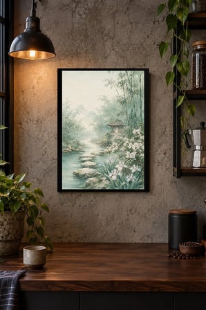 Sisli Göl ve Pagoda Desenli Dekoratif MDF Tablo, Çerçeve Görünümlü Ahşap Poster