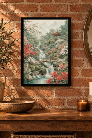 Şelaleli Bahçe ve Pagoda Desenli Dekoratif MDF Tablo, Çerçeve Görünümlü Ahşap Poster