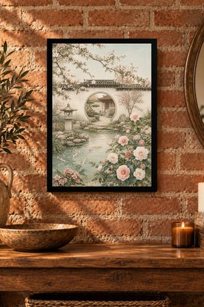 Çiçekli Göl Penceresi Desenli Dekoratif MDF Tablo, Çerçeve Görünümlü Ahşap Poster