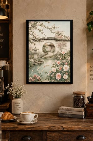 Çiçekli Göl Penceresi Desenli Dekoratif MDF Tablo, Çerçeve Görünümlü Ahşap Poster
